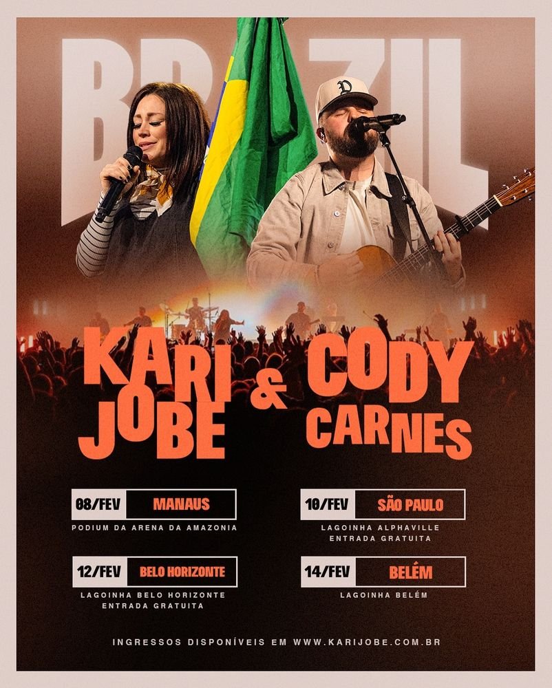 Pôster oficial — turnê Kari Jobe & Cody Carnes Brazil 2024: Manaus, São Paulo, Belo Horizonte e Belém