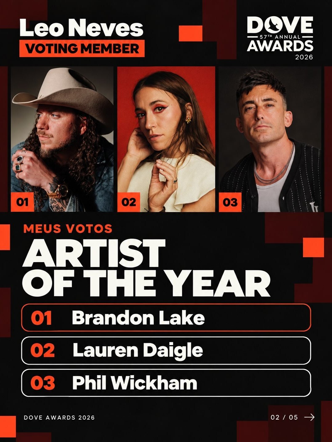 Meus votos para Artist of the Year: Brandon Lake, Lauren Daigle e Phil Wickham